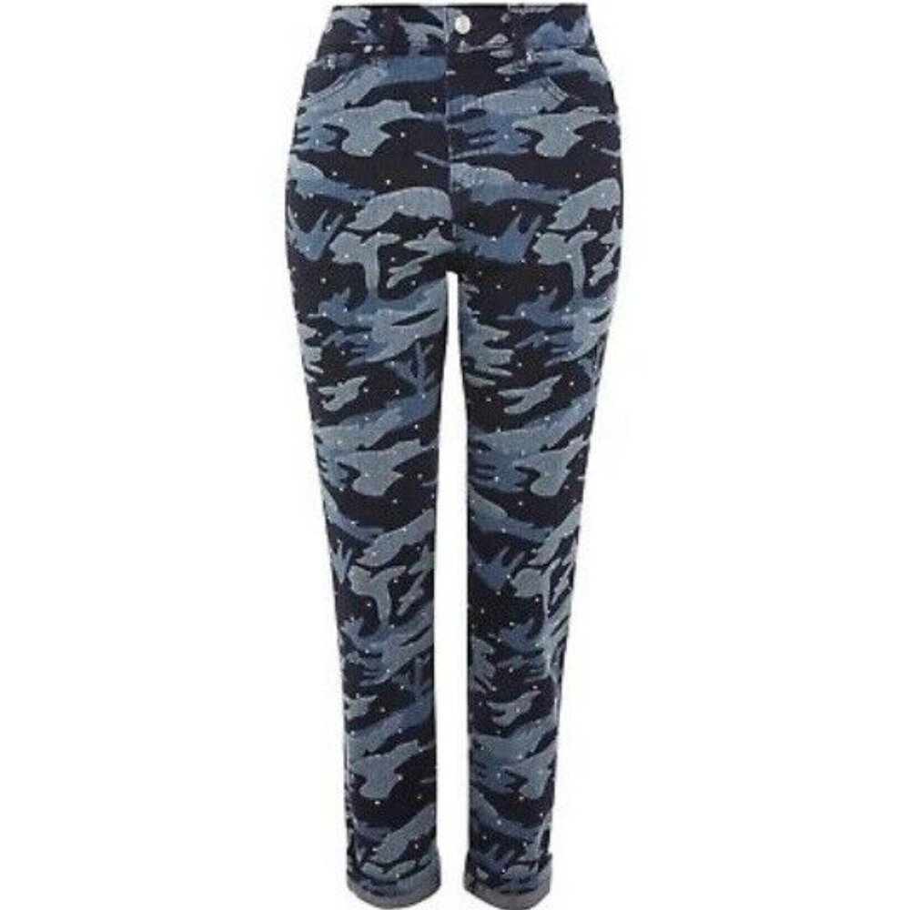 Topshop NEW Moto Mom Jeans High Waisted Jewel Studs Camo Diamante Denim Women's - Picture 7 of 17